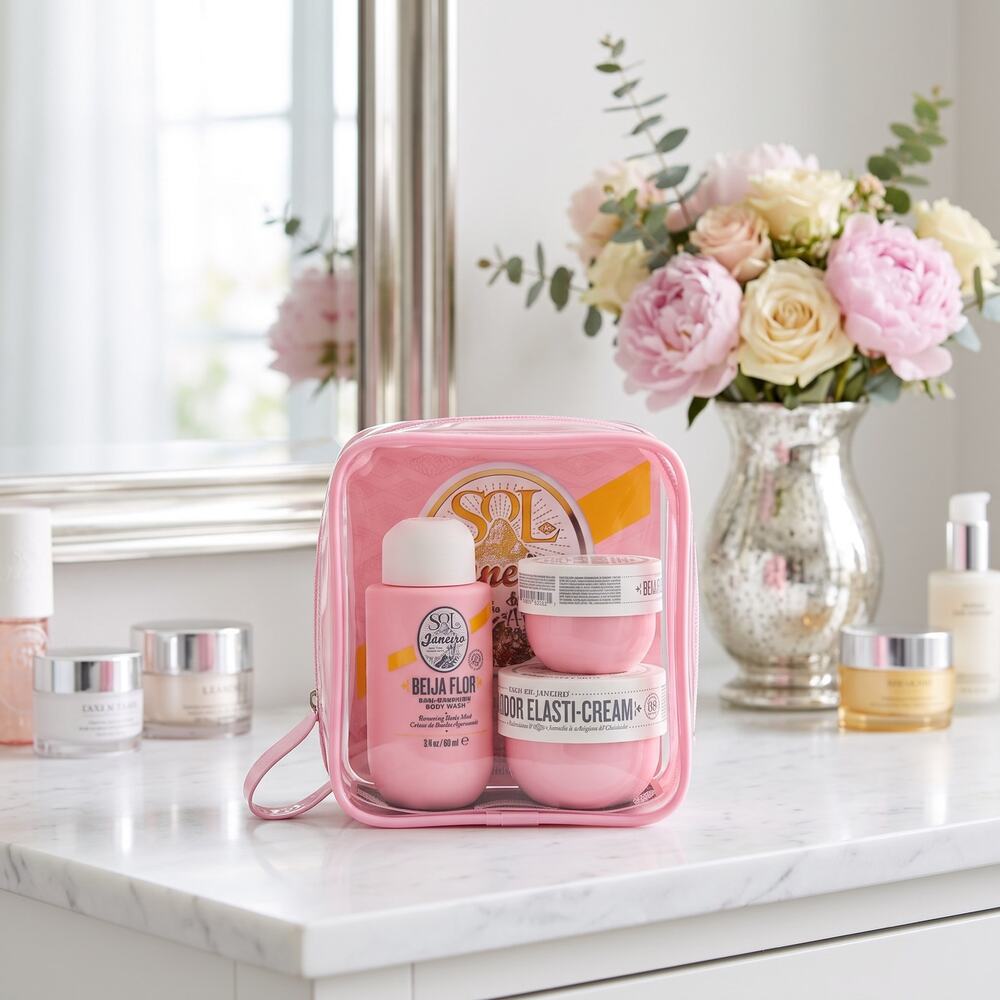 Sol de Janeiro Beija Flor Elasti-Cream Body Wash 3 Pc Set + Pink Bag